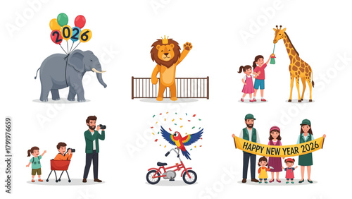 Joyful Zoo: Capturing the festive spirit of New Year 2026, adorable cartoon animals, balloons, families, and zoo goers with an array of vibrant scenes showcasing celebrations. 