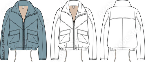 Women’s bomber jacket fashion flat sketch with zipper, flap pockets, and drawstring hem — vector technical apparel design template