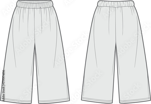 Women wide leg pants fashion flat sketch, vector CAD illustration front and back view, loose fit trousers technical drawing template