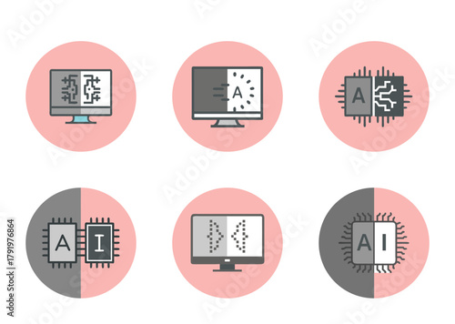 Artificial Intelligence, computer science, machine learning related icons and symbols set