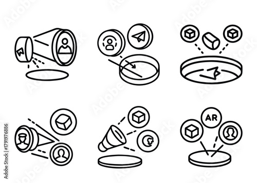 Augmented reality and virtual reality concepts illustration depicting data flow and interactions