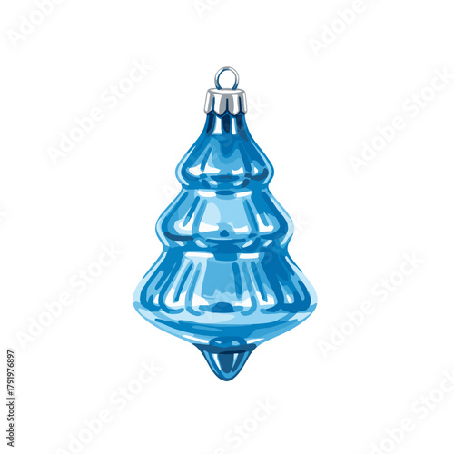 Vibrant blue glass Christmas tree ornament illustration, festive holiday decoration for winter celebrations and seasonal designs