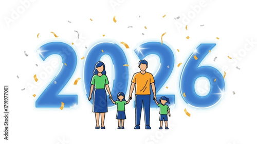 2026: A Vision for the Future: A modern representation of a family in the year 2026, symbolizing hope, progress, and familial unity, surrounded by festive elements.