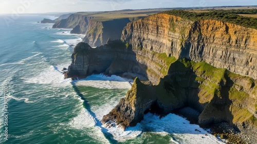 Aerial view of the rugged coastline with cliffs and crashing waves at sunset