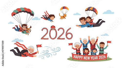 Skydiving into 2026: A vibrant illustration depicts a series of skydivers, along with the New Year's date and a festive greeting.