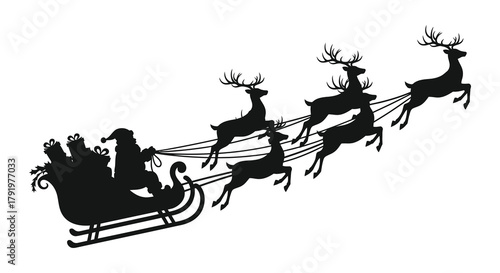 Silhouette of santa claus in a sleigh pulled by reindeer flying through the sky