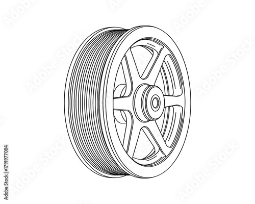 Outline drawing of industrial part single line art wheel. Isolated sketch drawing.