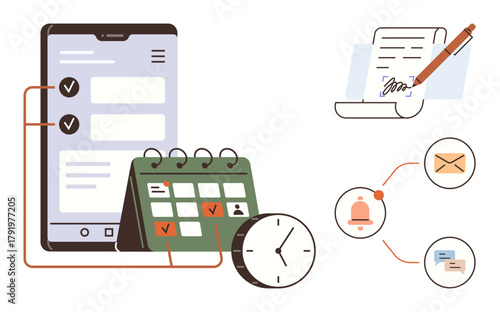 Mobile task manager with checklist, calendar with events, clock for time tracking, notification alerts, email icons, and signed document. Ideal for planning, productivity, scheduling organization