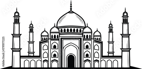 Taj mahal line art illustration. iconic mughal mausoleum, a historical landmark and architectural masterpiece in india.