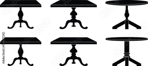 Collection of antique and classic table silhouettes: elegant square, rectangular, and round shapes with ornate pedestal bases.