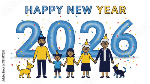 New Year Celebration with Family: The scene depicts a family coming together to commemorate the beginning of a fresh year, with colorful balloons and confetti adorning the scene.