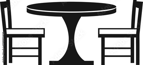 Minimalist icon of a round table and two chairs, furniture set silhouette, ideal for restaurant, cafe or home interior design graphic element