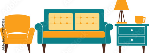 Vibrant flat design illustration of living room furniture: armchair, two-seater sofa, side table, table lamp, and coffee mug, isolated.