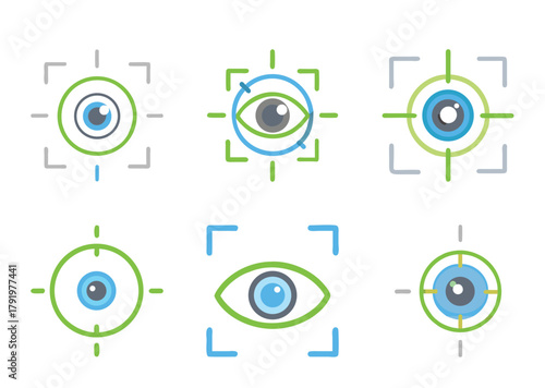 Eye Tracking Technology Icon Set, Biometric Scanner, Focus Target and Recognition