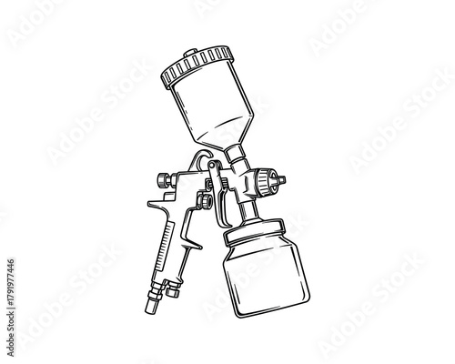 Outline sketch illustration of a paint spray gun, airbrush tool for painting works