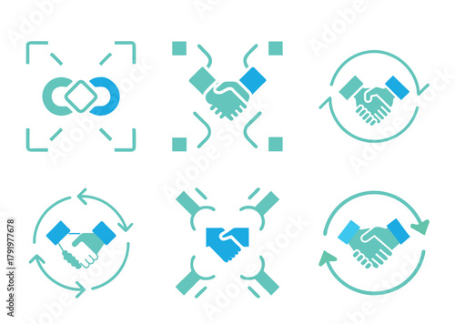 Icon Set Illustrating Partnership, Collaboration, and Continuous Improvement with Handshake Symbols