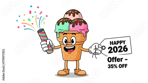 Ice Cream Cone's Special Offer: A cheerful ice cream cone character joyfully unveils a celebratory offer for 2026, creating excitement and anticipation.