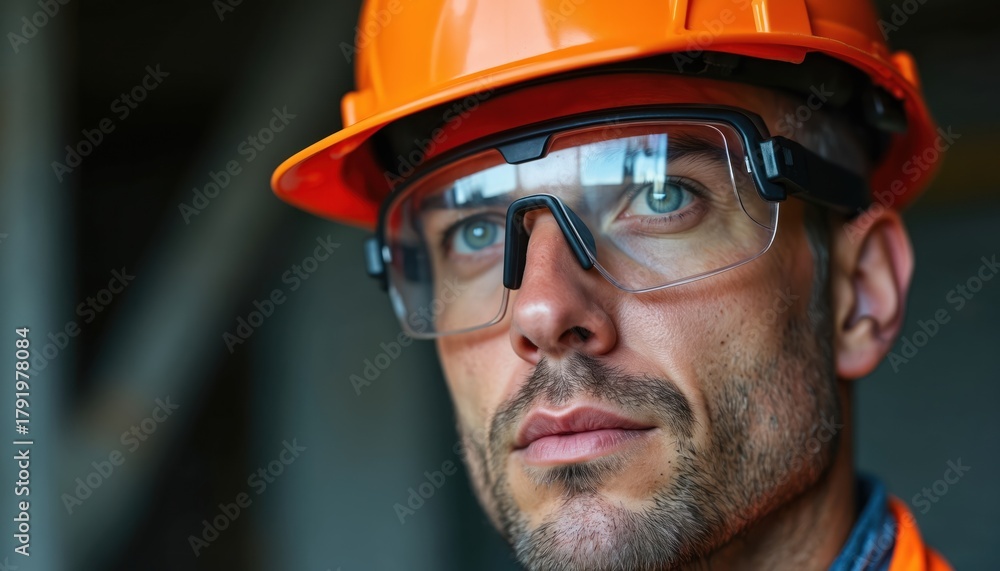 Fototapeta premium Construction worker portrait, close up blue eyes, orange helmet, safety glasses. Man looks focused on site task, ready for work. Hard labor details visible.