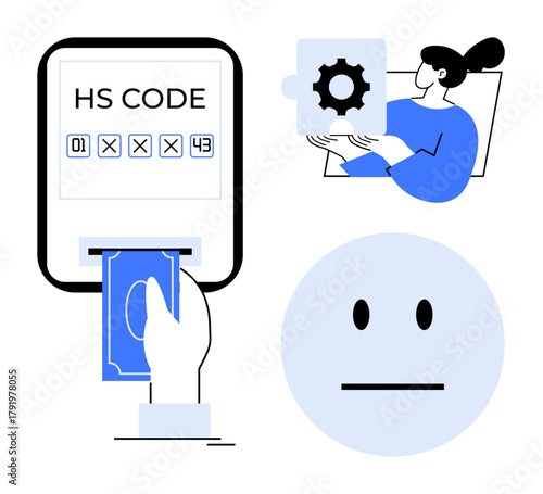 HS code entry with a user inserting money, person holding puzzle gear, and neutral face representing technology, trade, problem-solving, and efficiency. Ideal for trade compliance, logistics