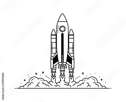 Rocket launch illustration with smoke clouds, space shuttle taking off and startup icon