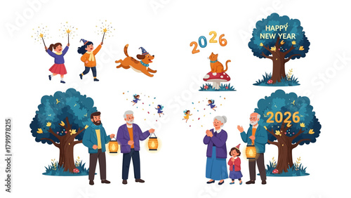 New Year's Celebration Illustrations: Charming illustrations capturing the spirit of a new year, showcasing people, animals, and festive elements in a joyful celebration. 