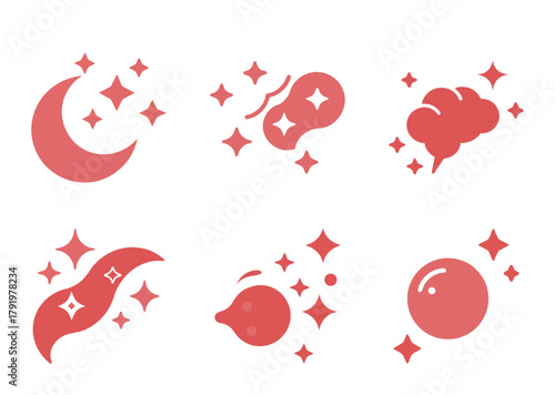 Stylized Illustration of Concepts with Stars including Brain, Moon and Abstract Shapes