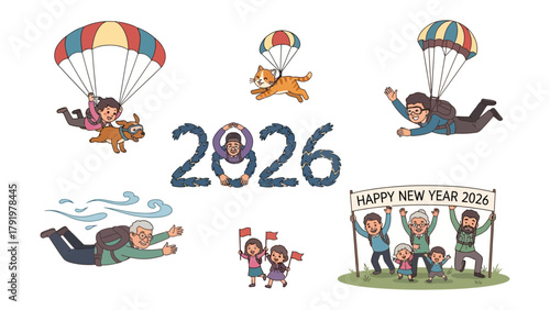 New Year 2026: People with Parachutes: An illustration celebrating New Year 2026, showing diverse individuals and a canine joyfully airborne with parachutes. A blend of optimism, excitement.