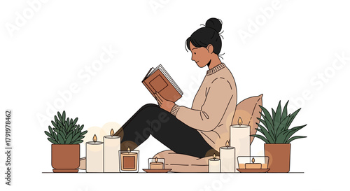 Woman reading in a cozy, candlelit space filled with houseplants