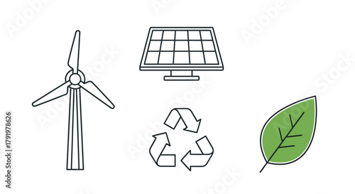 Renewable Energy Icons Set Wind Turbine, Solar Panel, Recycle Arrows, Leaf
