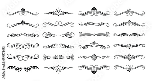 Set of black hand drawn decorative dividers. Elegant flourish page separators. Collection of border elements.