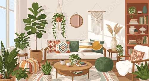 Cozy Boho Living Room Interior with Indoor Plants and Natural Light