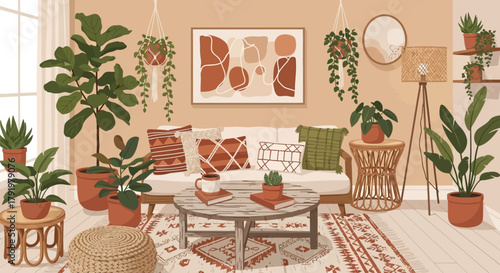 Cozy bohemian living room interior with a comfortable sofa, coffee table, and numerous green houseplants in pots