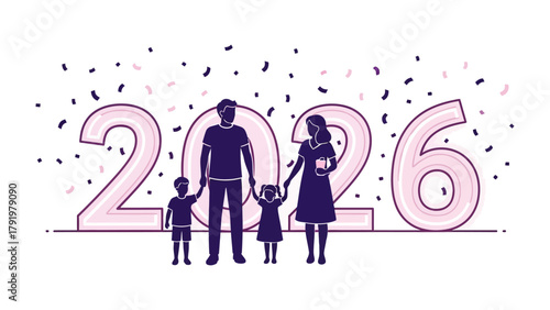 Family Silhouette: An artistically rendered illustration of a family of four, framed against the numerals 2026. A hopeful glimpse into the future, and family's journey.