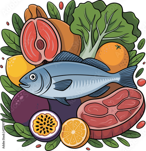 Assorted fresh food and produce illustration fish steak