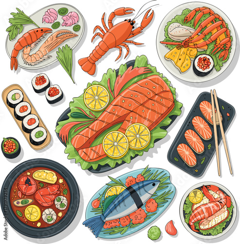 Assorted seafood dishes and sushi platter shrimp lobster