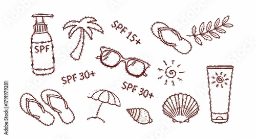 Beach Essentials Sunscreen, Shades, and Seashells Hand-Drawn Icons