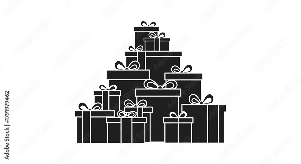 Obraz premium A large pile of black gift boxes with ribbons and bows creating a festive holiday stack