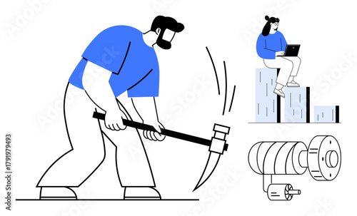 Worker striking ground with pickaxe, female sitting on rooftop using laptop, and turbine illustration. Ideal for innovation, labor, industry, construction, teamwork energy technology. Simple flat