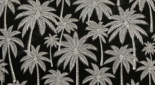 Monochrome vintage-style seamless pattern with detailed hand-drawn tropical palm trees on a black background