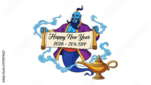 New Year's Wish: A cartoon genie presents a Happy New Year scroll with a discount offer. 