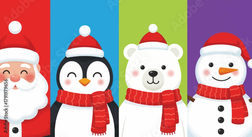 A charming winter holiday collection of festive characters featuring a joyful Santa, a cute penguin, a friendly polar bear, and a happy snowman