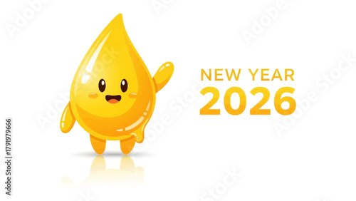 Cheerful Liquid Drop Welcoming 2026: A cute, personified liquid drop illustration, waving a friendly hello and ushering in the New Year 2026, creating a welcoming and optimistic visual.