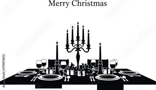 Merry Christmas with a dinner table and festive setting