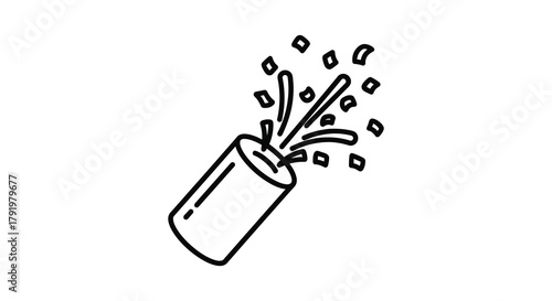 Hand drawn black and white illustration of a party popper exploding with confetti and streamers