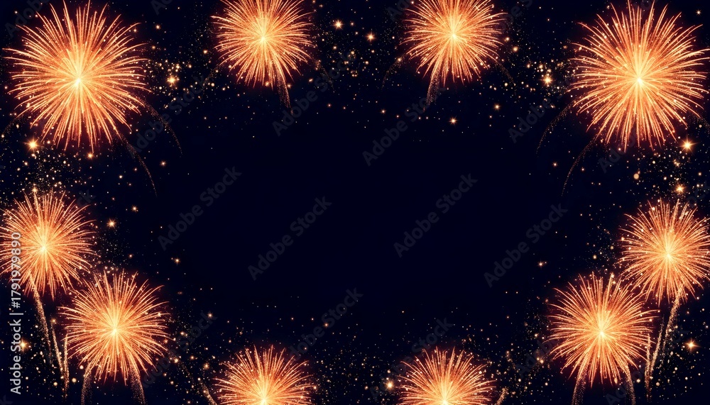 Fototapeta premium Sparkling Fireworks Border on Starry Night – Elegant Festive Frame Background with Central Copy Space for Holiday Greetings, New Year Cards and Party Flyers