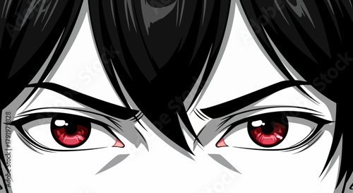 Intense close-up of a manga-style male character with glowing red eyes, showcasing a powerful and determined gaze in a vector illustration