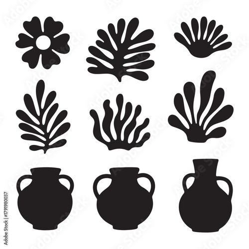 Collection of abstract flowers, organic shapes, and exotic tropical leaves in trendy Matisse art style. Contemporary floral collage and modern vector summer design, perfect for cards, textiles, and po