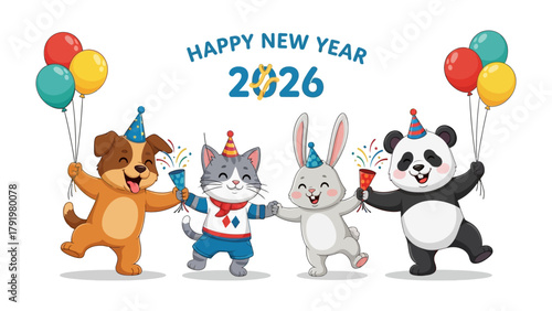 New Year's Eve Animal Celebration: Animated animal friends join in cheerful unison to celebrate the New Year with party hats, confetti and balloons, symbolizing friendship, togetherness, and joy. 