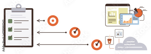 Clipboard checklist, target icons, arrows connect tasks to dashboards, analytics graphs, and cloud storage. Ideal for productivity, planning, workflow, organization data teamwork technology