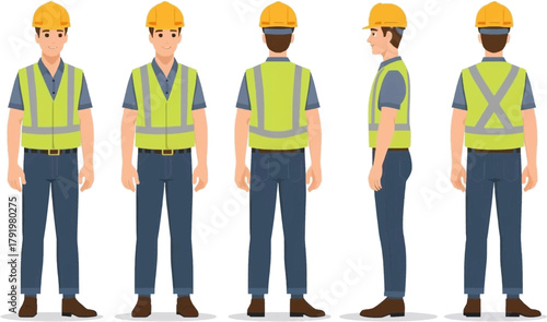 A construction worker illustration showcases the front, back, and side views, depicting a man in a safety vest and hard hat, ideal for construction-related projects.